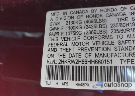 2017 Honda Cr-V Ex-L/Ex-L Navi from USA, damaged, VIN 2HKRW2H86HH660151